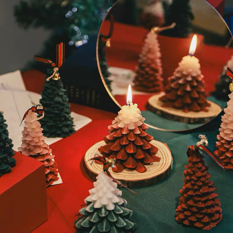 Layered Sculptural Christmas Tree Ornament Candle with Hanging Bell