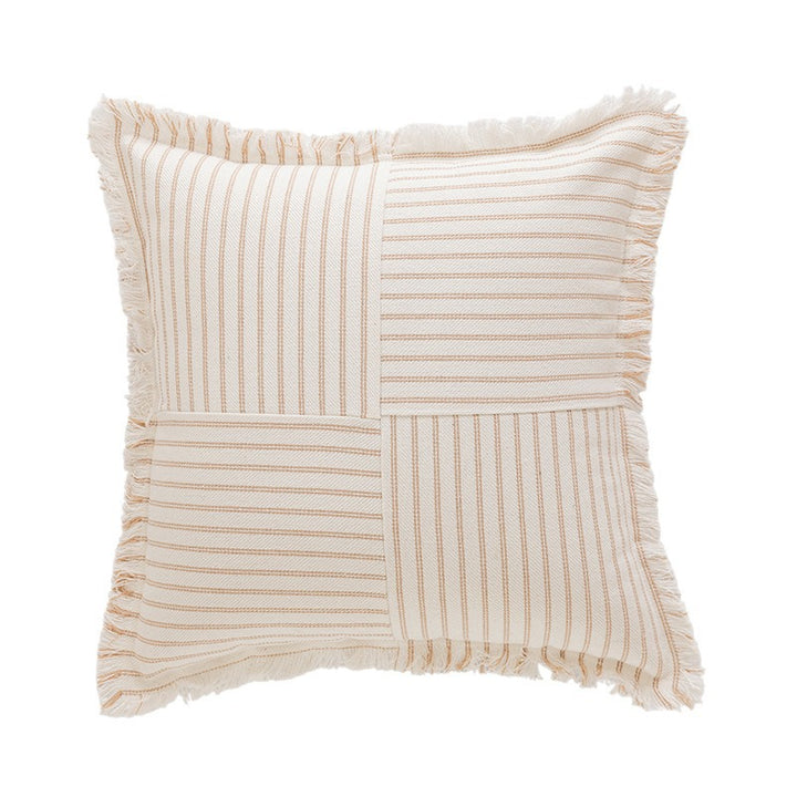 Striped Coastal-Inspired Cotton Square Pillow Cover with Fringed Edge and Concealed Zip