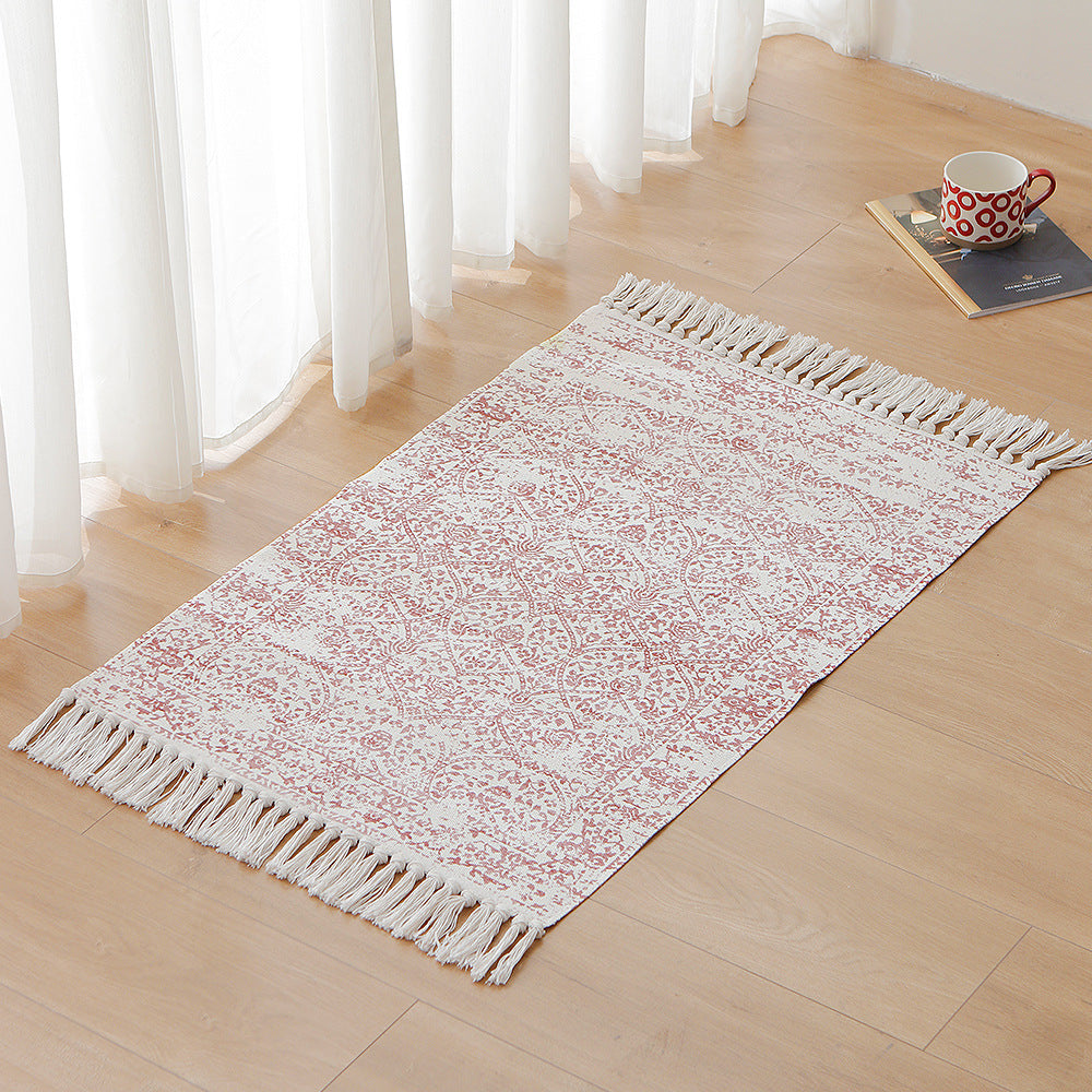 Flat-woven runner with vintage medallion ornamentation and cotton fringes