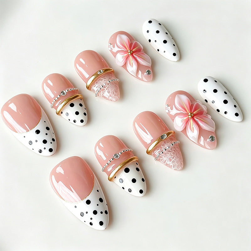 Artificial nail set with elegant flower and dot patterns Kalsten
