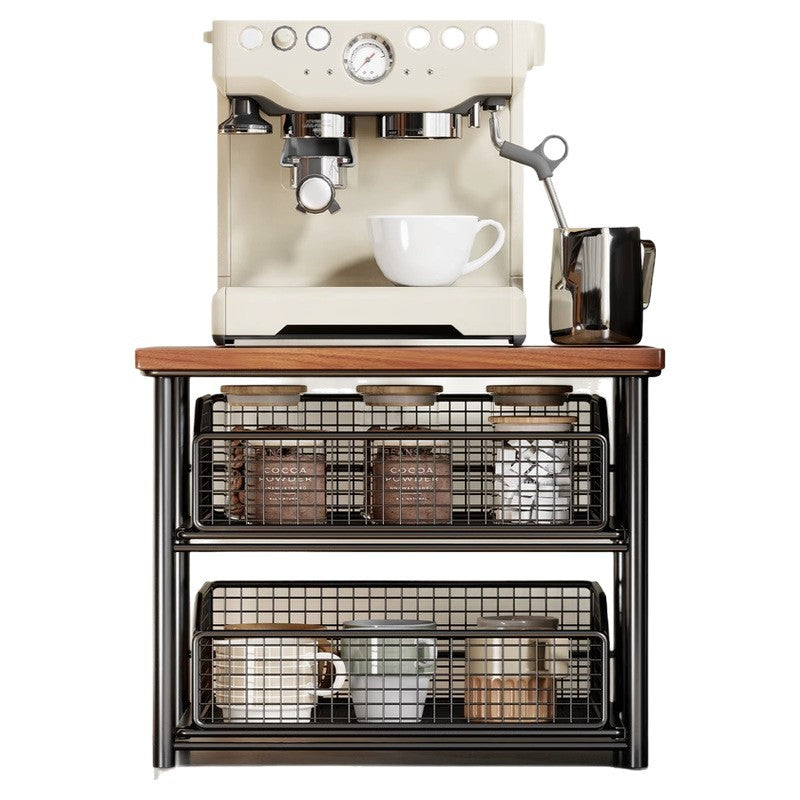 Compact Two-Tier Countertop Coffee Station Organizer with Wooden Top and Slide-Out Wire Mesh Baskets