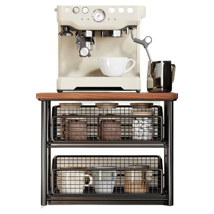 Compact Two-Tier Countertop Coffee Station Organizer with Wooden Top and Slide-Out Wire Mesh Baskets