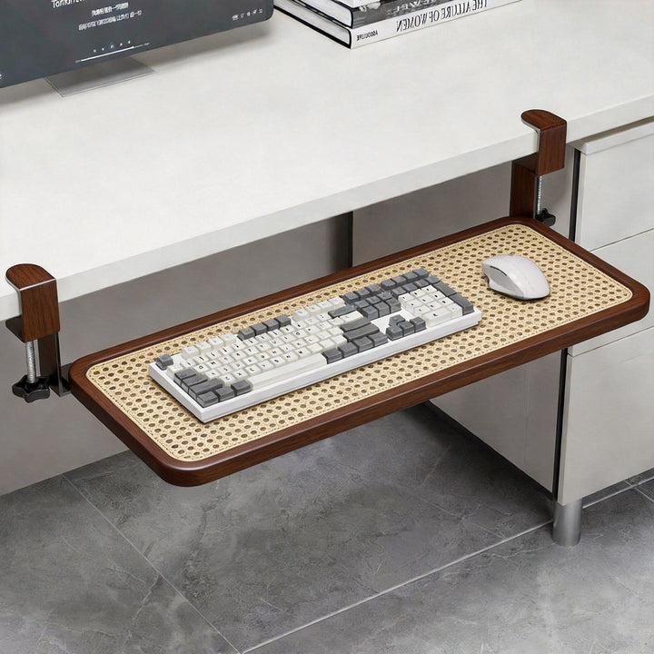 Under-Desk Slide-Out Keyboard Tray Clamp Mount with Ergonomic Wooden Platform