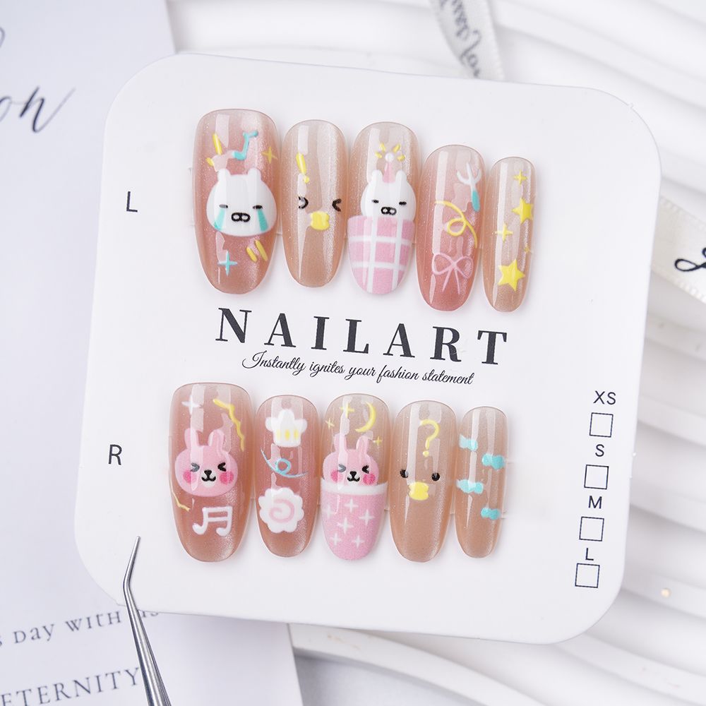 Artistic Press-On Nail Set with Cute Character Designs Kalsten