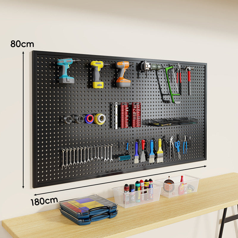 Wall-Mounted Perforated Metal Tool Pegboard Organizer Panel with Modular Hooks and Wire Baskets