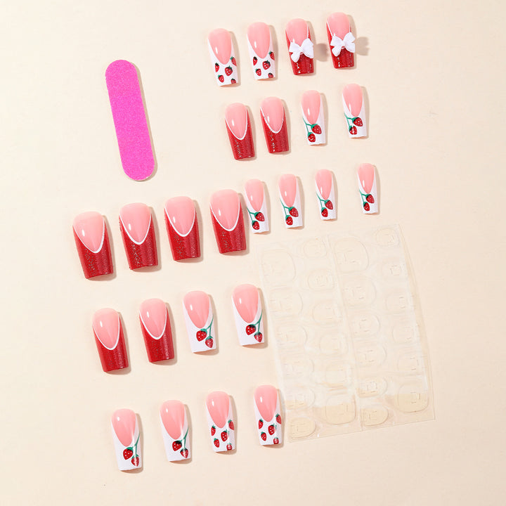 Strawberry Bow-Accent Acrylic Nail Art Extensions Kalsten