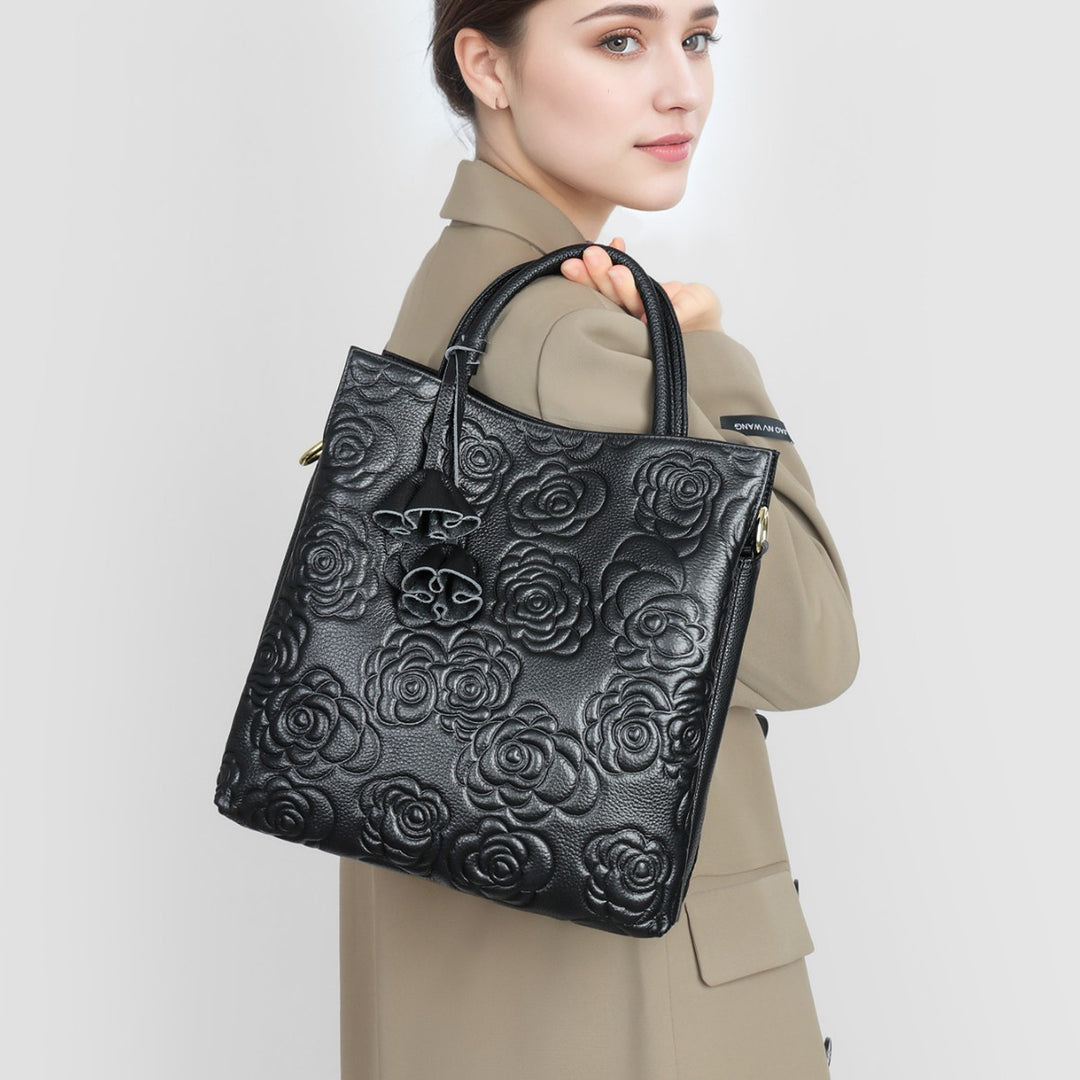 Embossed Floral Vegan Leather Top-Handle Tote with Detachable Crossbody Strap