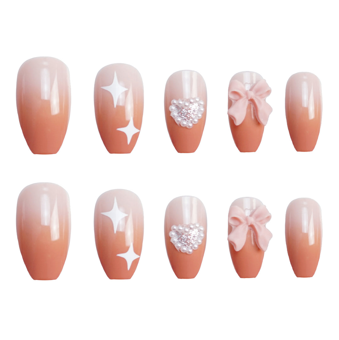 Decorative Press-On Nail Set with Rhinestone and Bow Accents