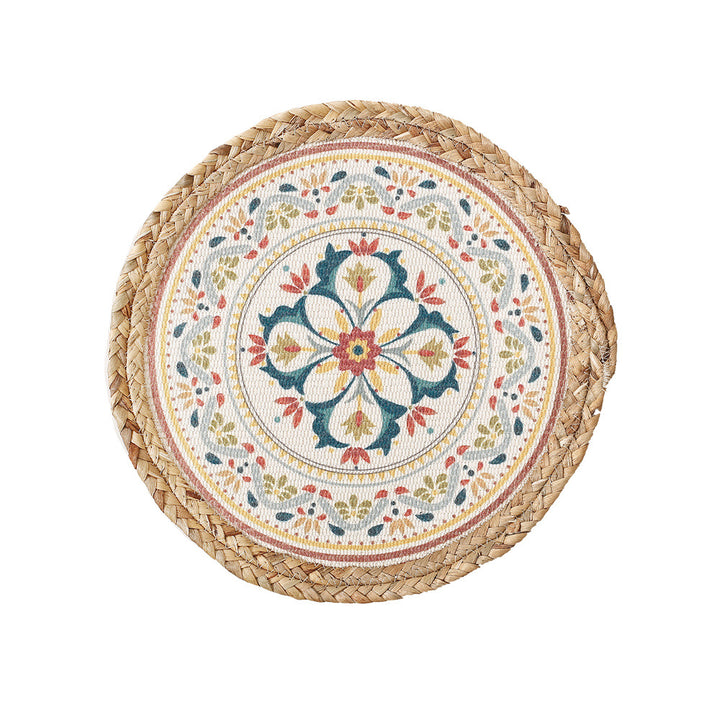 Beef seat pouf with mandala print, woven surface and braided jute edge