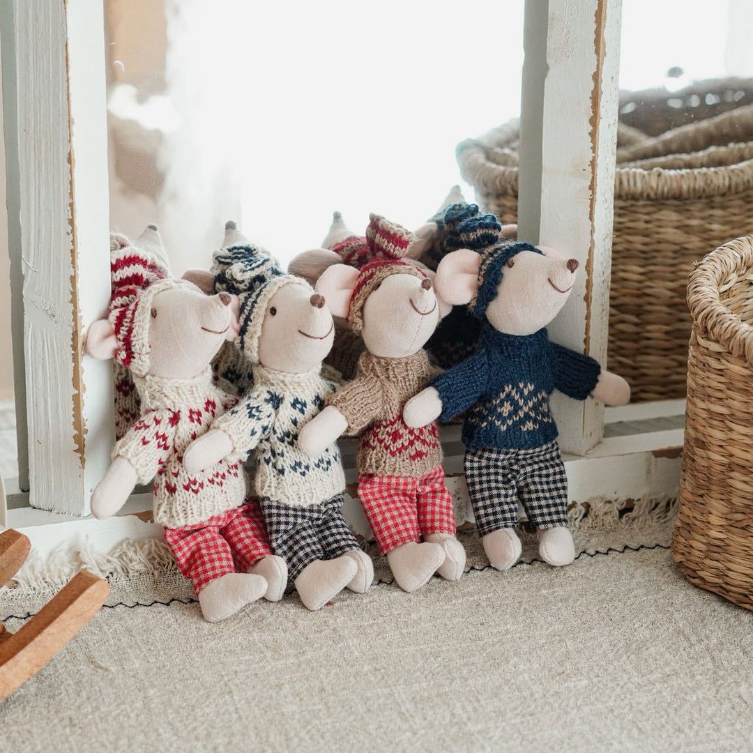 Handcrafted Mouse Plush Doll with Knitted Heart Sweater Pom-Pom Beanie and Gingham Trousers
