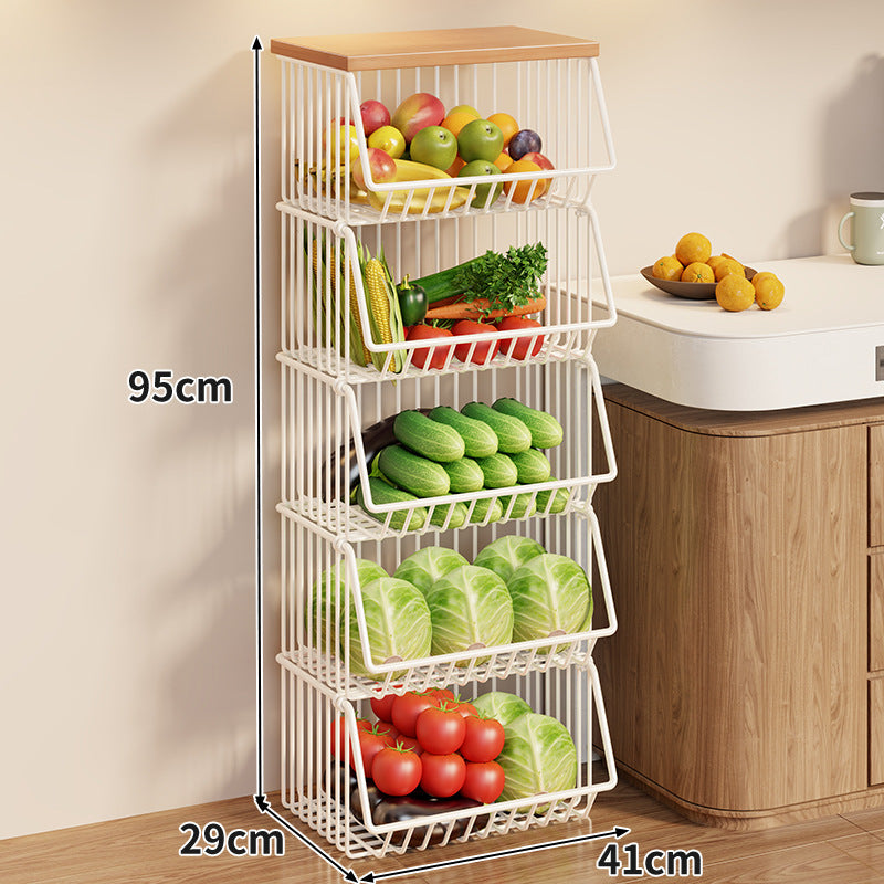 Compact Triple-Tier Rolling Wire Vegetable and Fruit Storage Cart with Wooden Top