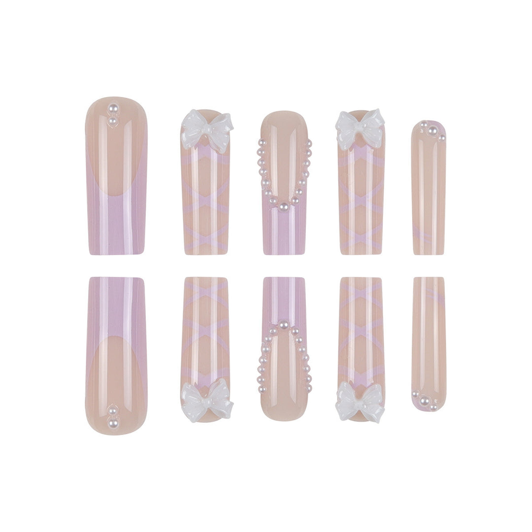 Elegant Bow-Embellished Long Press-On Nails Kalsten