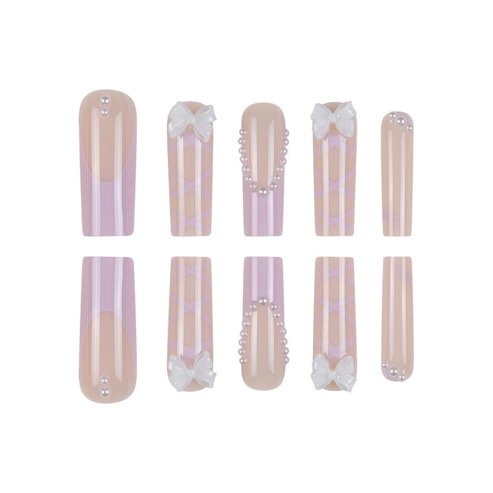Elegant Bow-Embellished Long Press-On Nails Kalsten