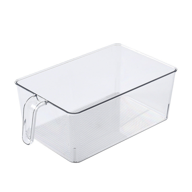Fridge organizer with handle made of clear plastic for door and shelf storage