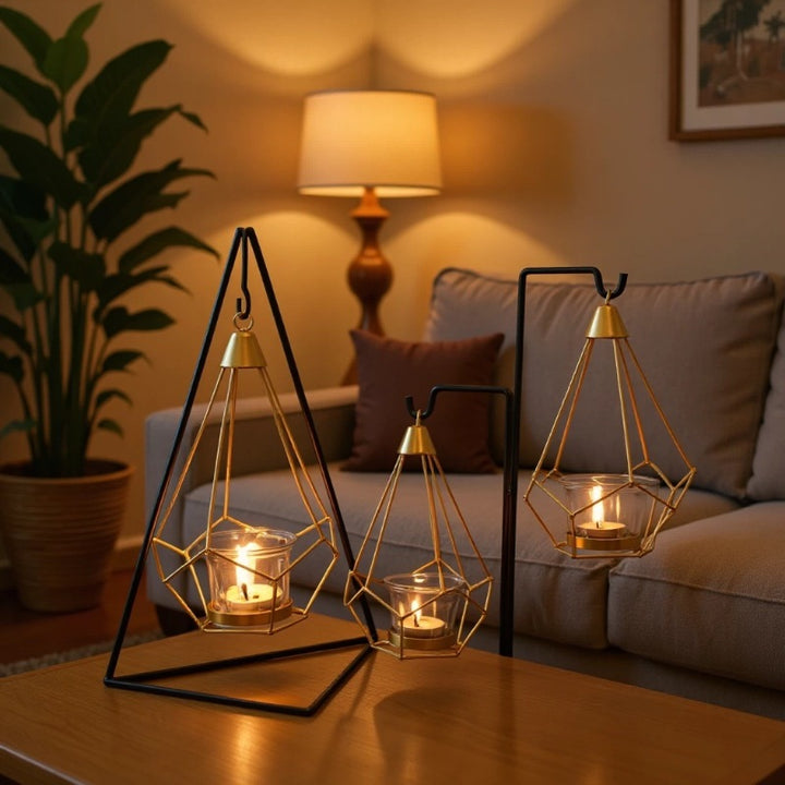 Decorative Geometric Hanging Tealight Candle Holder Set with Metal Stands and Glass Votives Kalsten