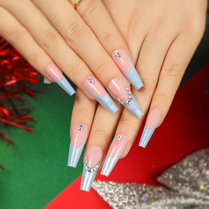 Artistic acrylic nails with glitter and elegant rhinestone embellishments Kalsten