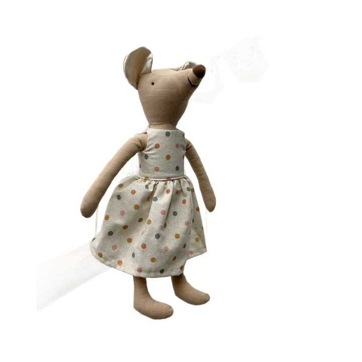 Handcrafted Linen-Blend Mouse Plush Doll with Checkered Overalls