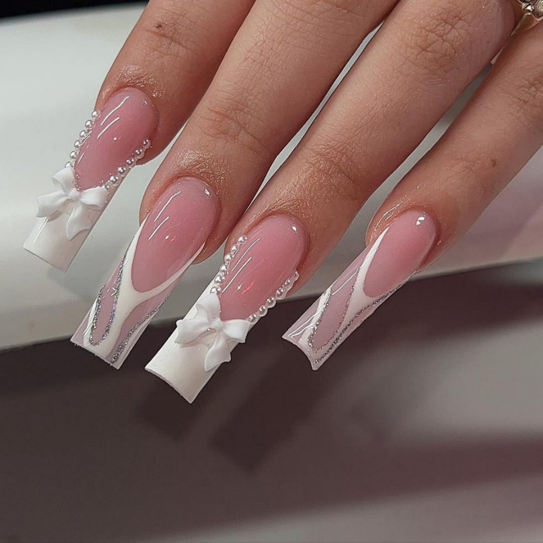 Decorative Long Coffin Nail Extensions with Bow Accents Kalsten