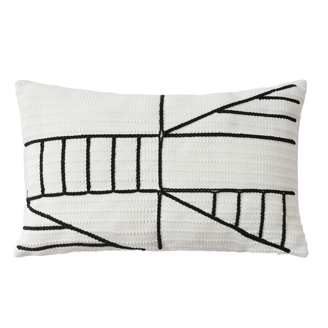 Decorative cushion cover with textured embroidery and geometric line motif