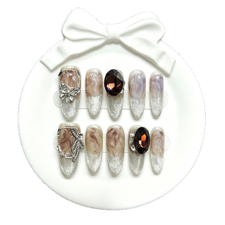 Artistic Press-On Nail Art Set with Elegant Gemstone Accents