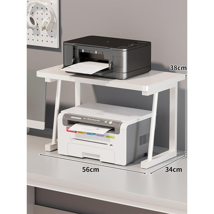 Adjustable Two-Tier Wood-Top Metal-Frame Desktop Printer Stand with Cable Management