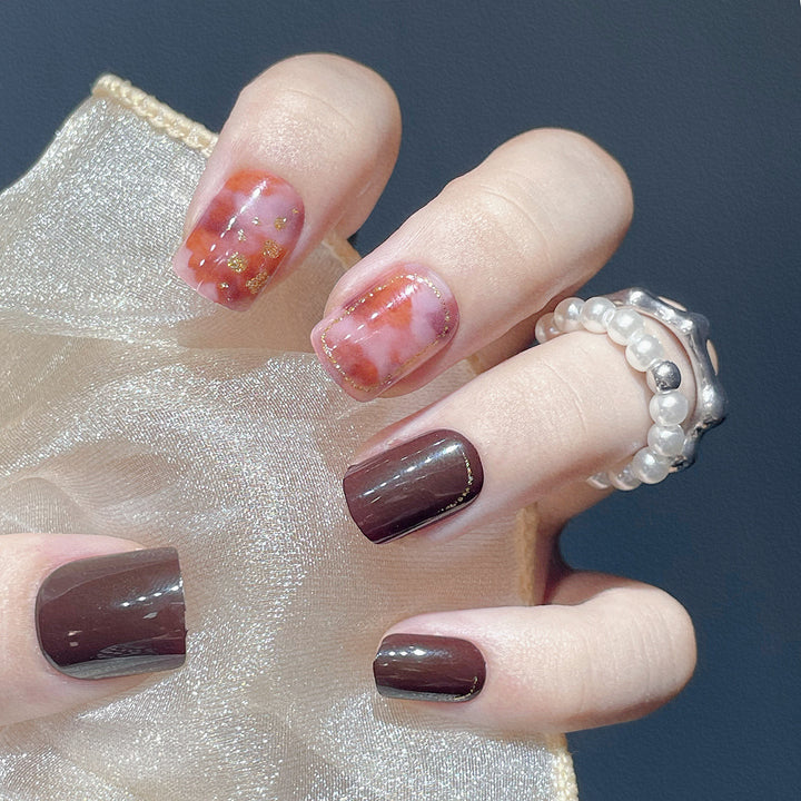 Artistic Press-On Nail Set with Marble and Metallic Accents Kalsten