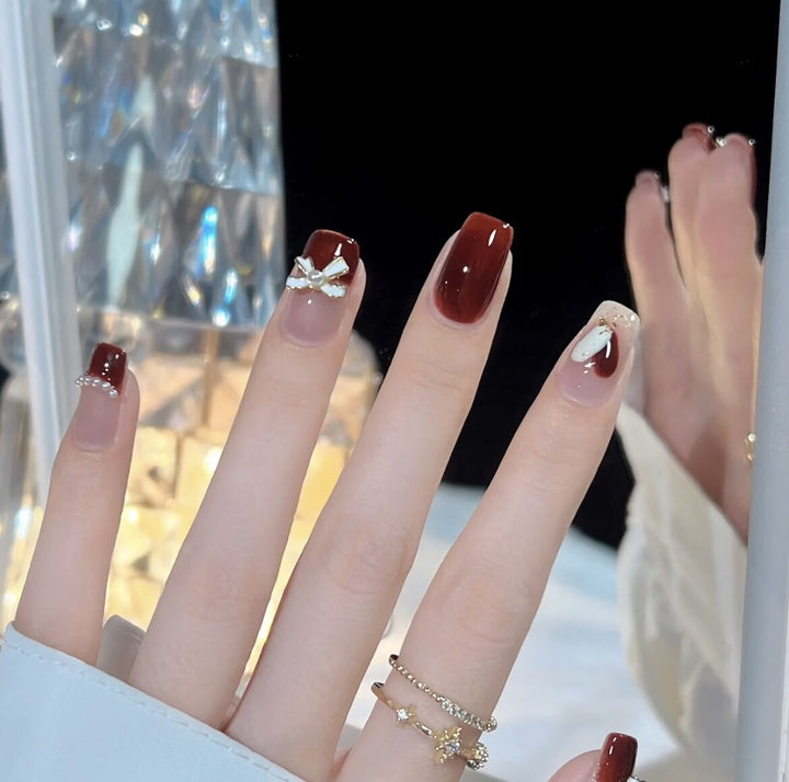 Elegant Press-On Nail Art Set with Decorative Floral and Bow Accents Kalsten