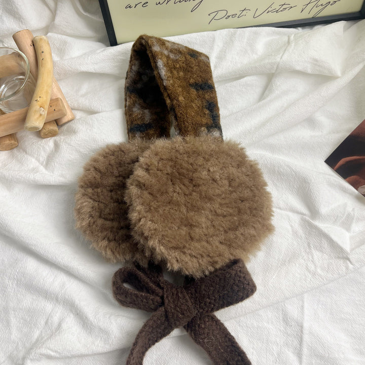 Plush Curly Faux-Fur Round Earmuffs with Patterned Knit Tie Headband Kalsten