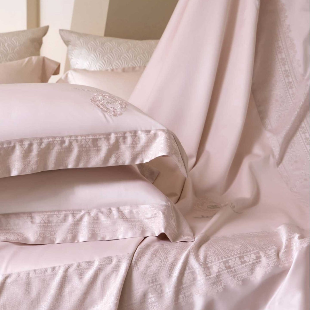 Premium bedding set made of cotton satin with jacquard border and quilted bedspread