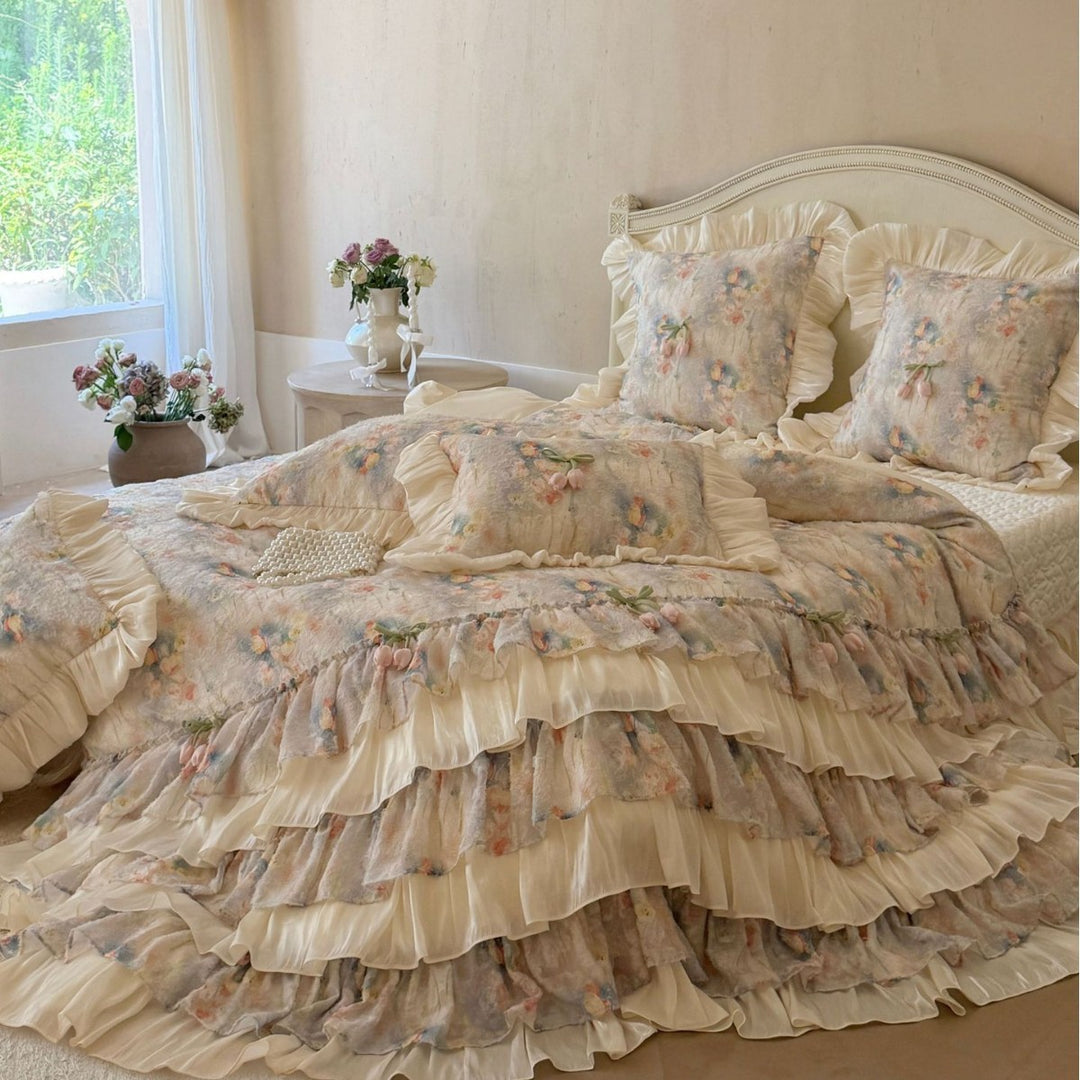 Romantic bedding set with layered ruffle, frills, and delicate watercolor flower print