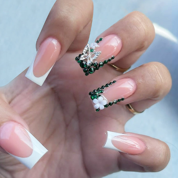 Acrylic nail set with elegant rhinestone decorations and floral design Kalsten