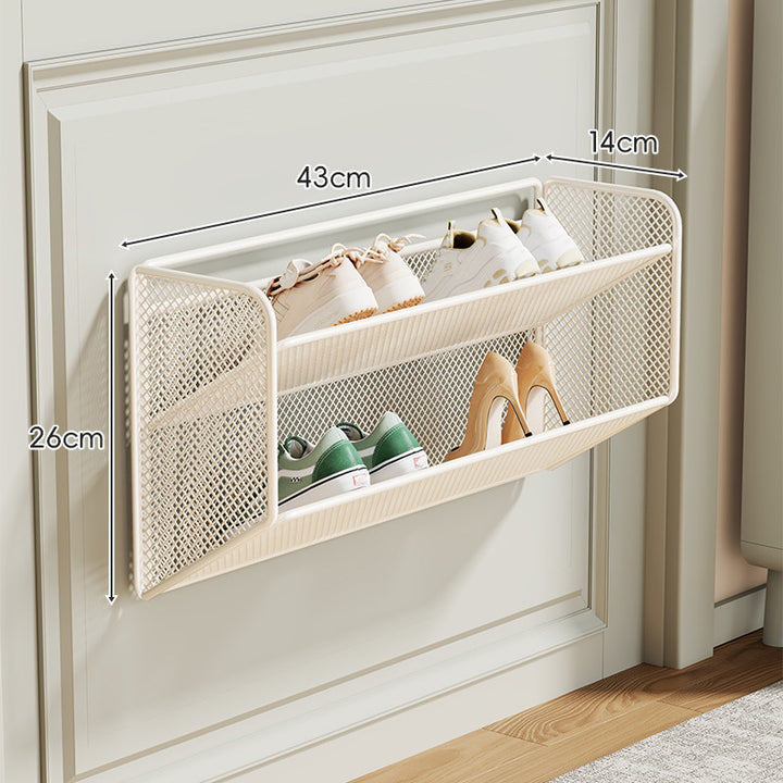 Wall-Mounted Fold-Down Mesh Shoe Shelf Organizer for Slim Entryways
