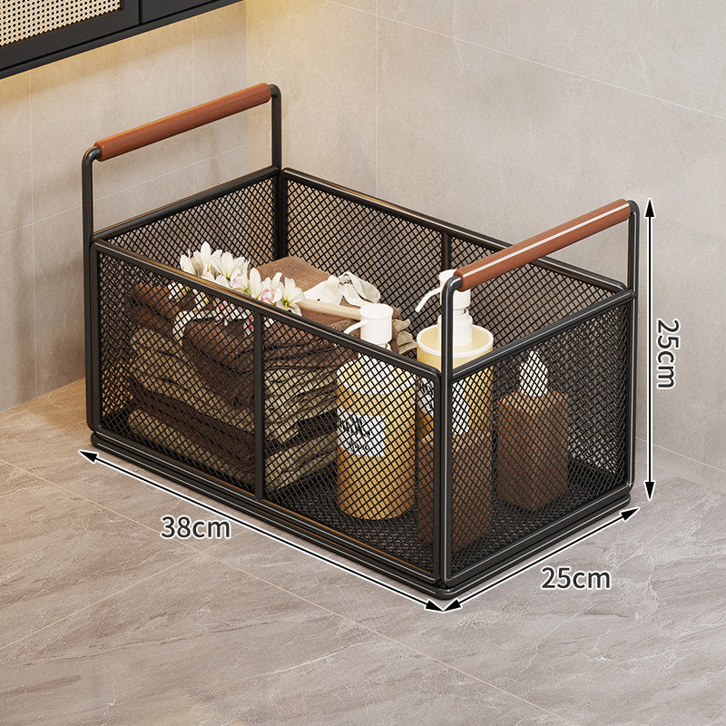 Mesh Metal Storage Organizer Basket with Wooden Grip Handles