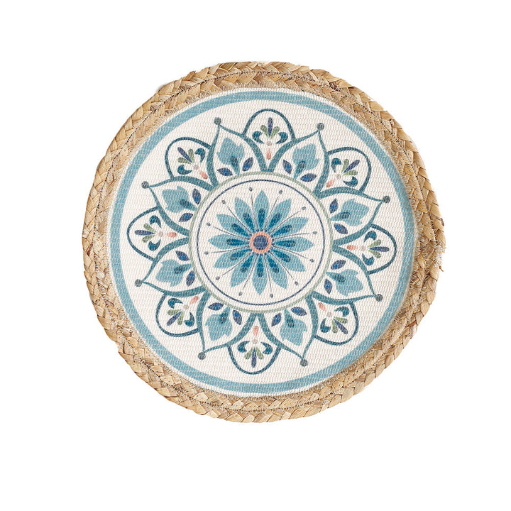 Round woven table mat made of jute with mandala cotton overlay Kalsten
