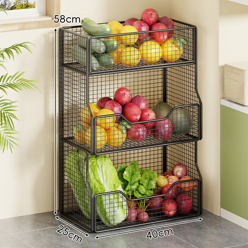 Double-Tier Metal Mesh Produce and Pantry Storage Rack with Sliding Front Baskets