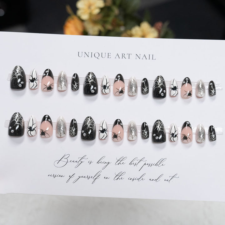 Artistic Press-On Nail Set with Spider and Web Design