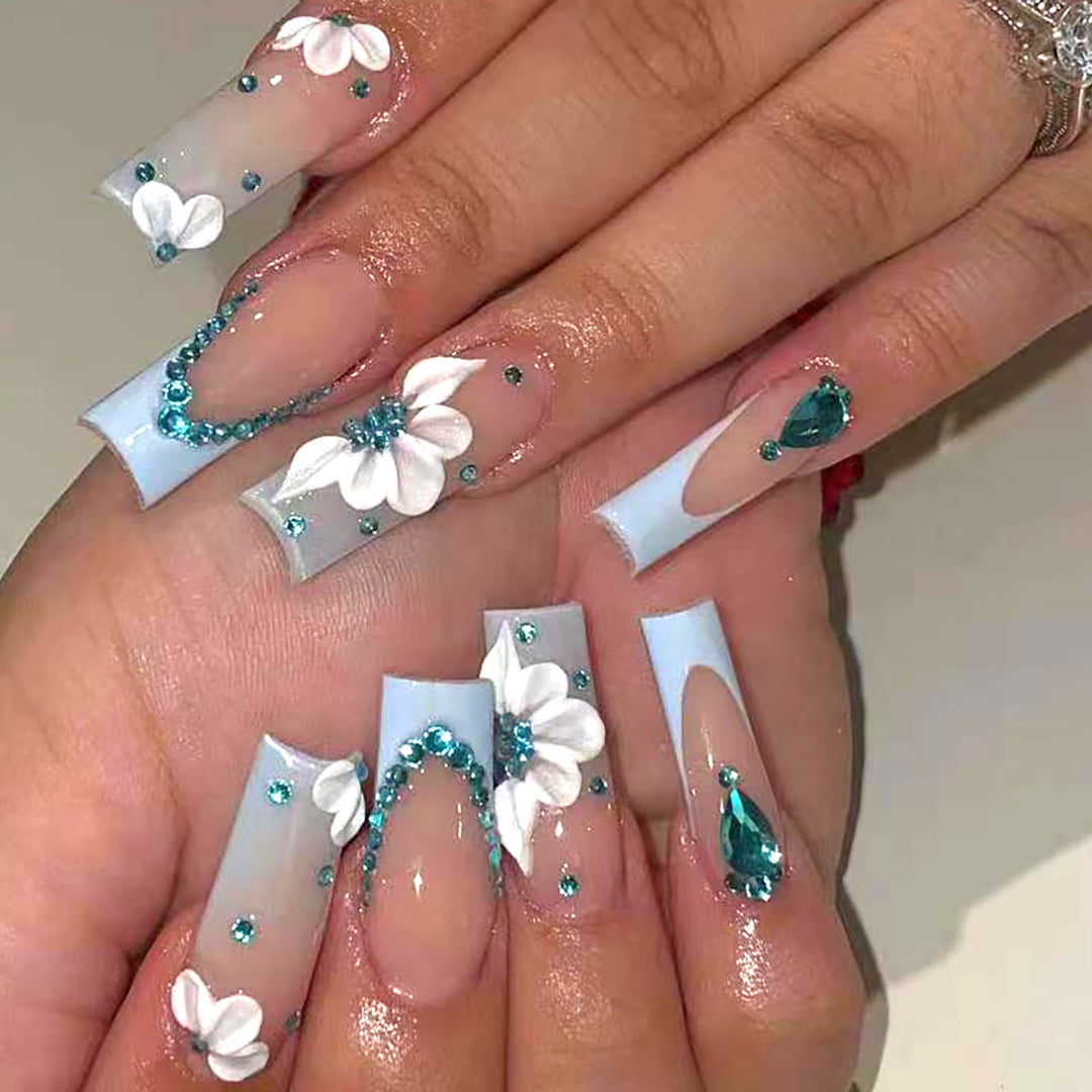 Floral-Designed Press-On Nail Set with Decorative Gem Accents Kalsten