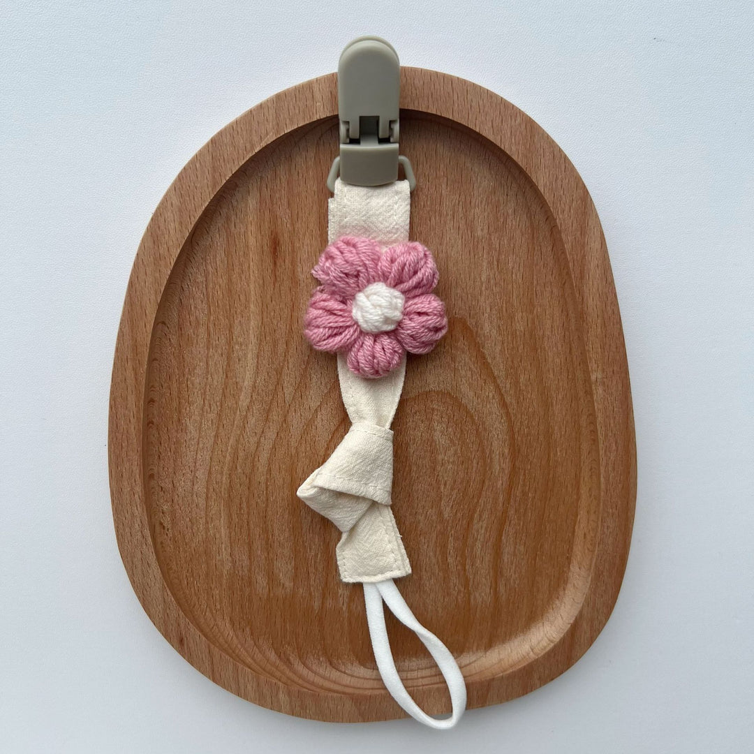 Organic Cotton Pacifier Leash with Quick-Release Clip and Hand-Knit Flower