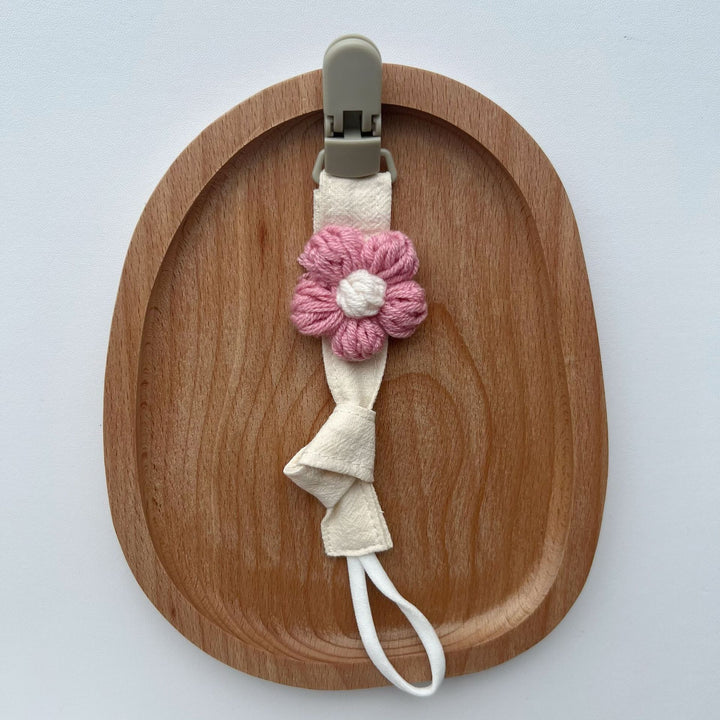 Organic Cotton Pacifier Leash with Quick-Release Clip and Hand-Knit Flower