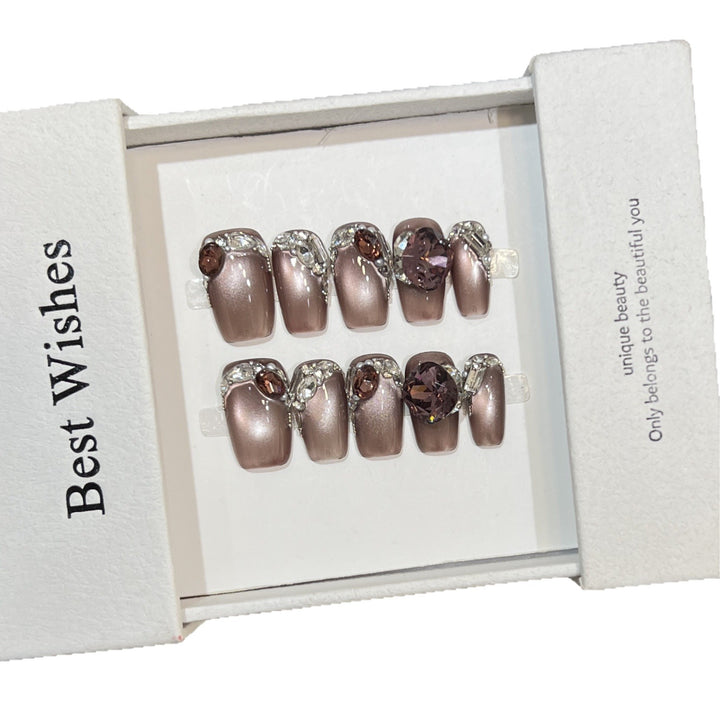 Decorative Press-On Nail Design with Gemstone Accents Kalsten