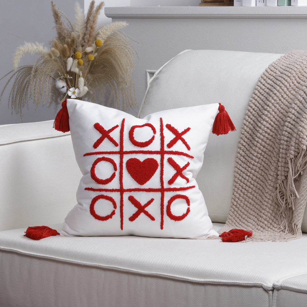 Plush Heart Appliqué Tassel Corner Decorative Throw Pillow Cover