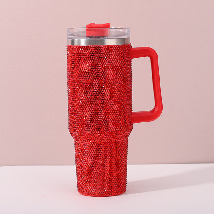 Insulated Stainless Steel Rhinestone Travel Tumbler With Ergonomic Handle And Spill-Resistant Lid