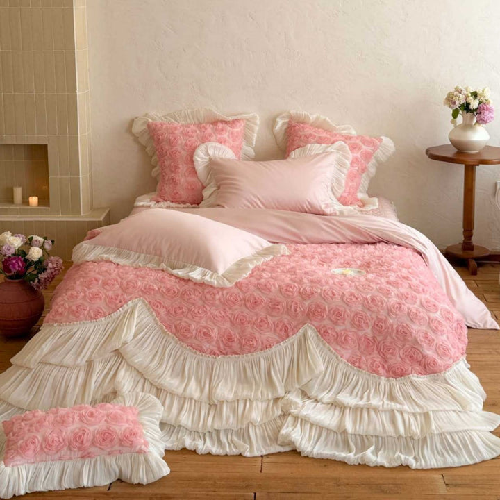 Romantic quilted bedspread with 3D rose appliqué, pleated frills and pillowcases
