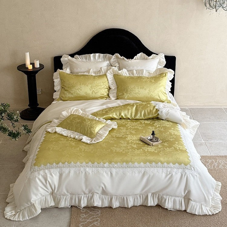 Elegant bedroom set: Jacquard satin bedspread with decorative ruffle and lace trim