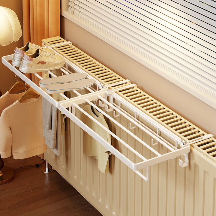 Radiator-Mounted Folding Drying Rack with Extendable Shoe Shelf and Multi-Hook Hanger