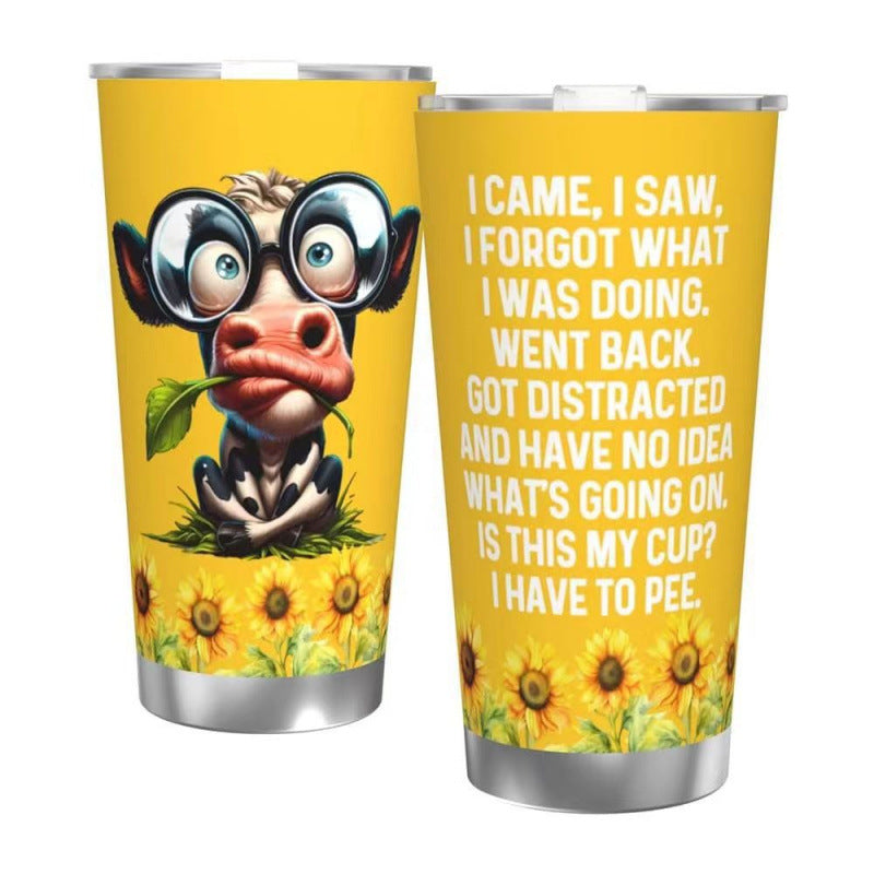 Double-Wall Vacuum Insulated Stainless Steel Travel Tumbler With Spill-Resistant Lid And Printed Cow Sunflower Design
