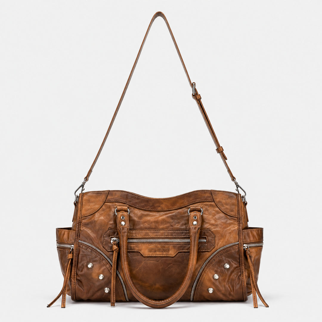 Multi-Pocket Vintage Leather Tote