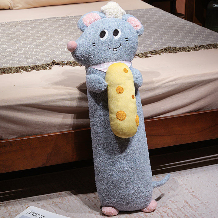Extra-long plush body pillow mouse with bread appliqué and soft fleece cover