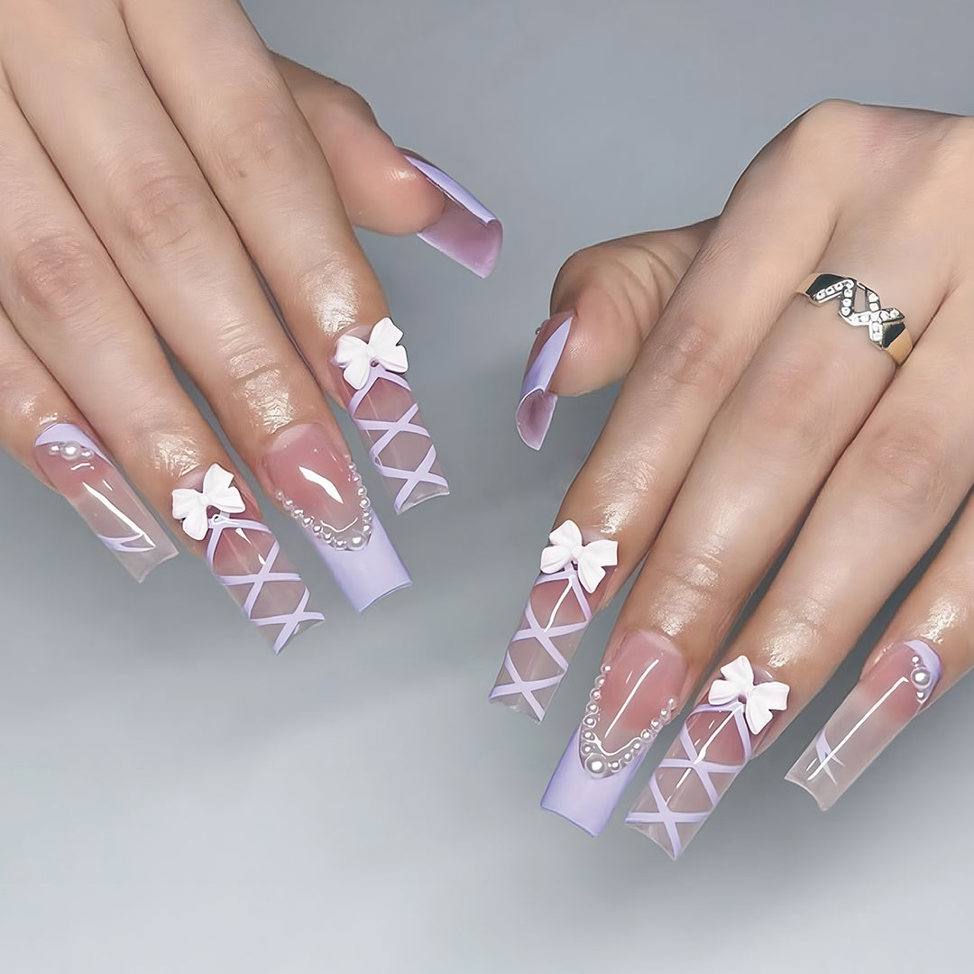 Elegant Bow-Embellished Long Press-On Nails Kalsten