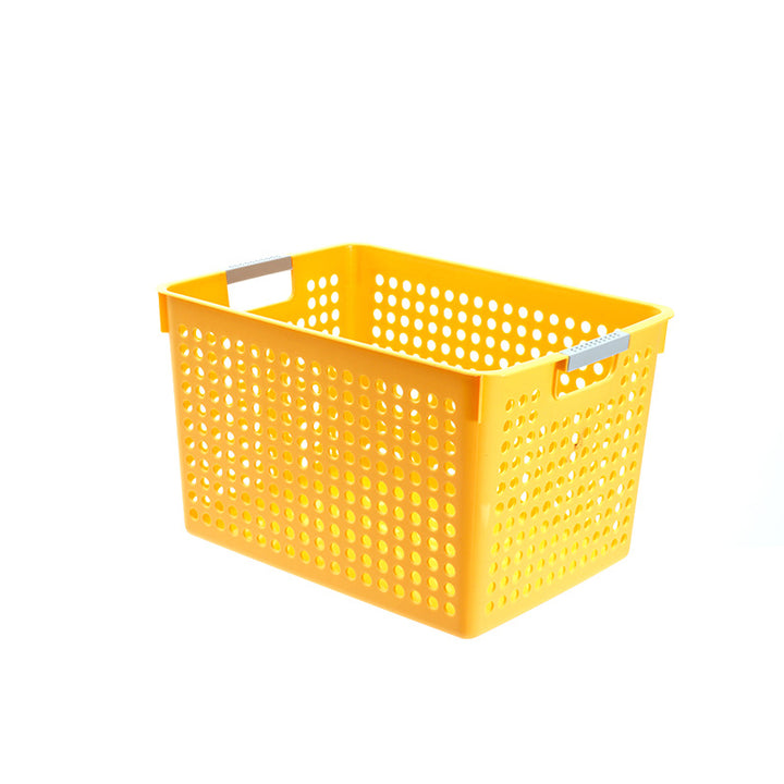 Flat plastic storage box with perforated side wall and grip recesses